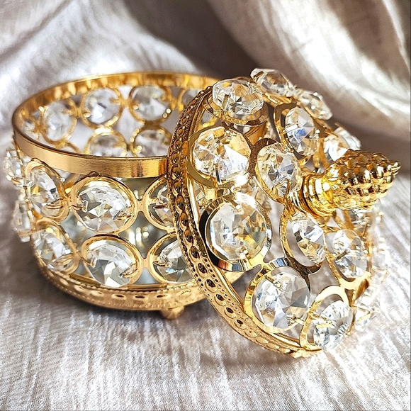 Jewelry Jewel Box Faceted Crystals Heavy Gold Plate Finial Mirrored Velvet NEW - Picture 2 of 8